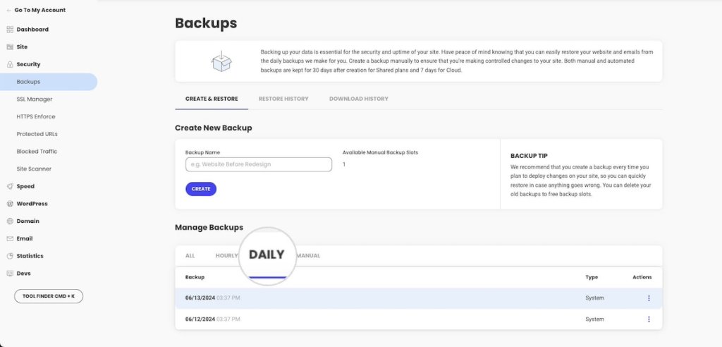 Image of daily website backups