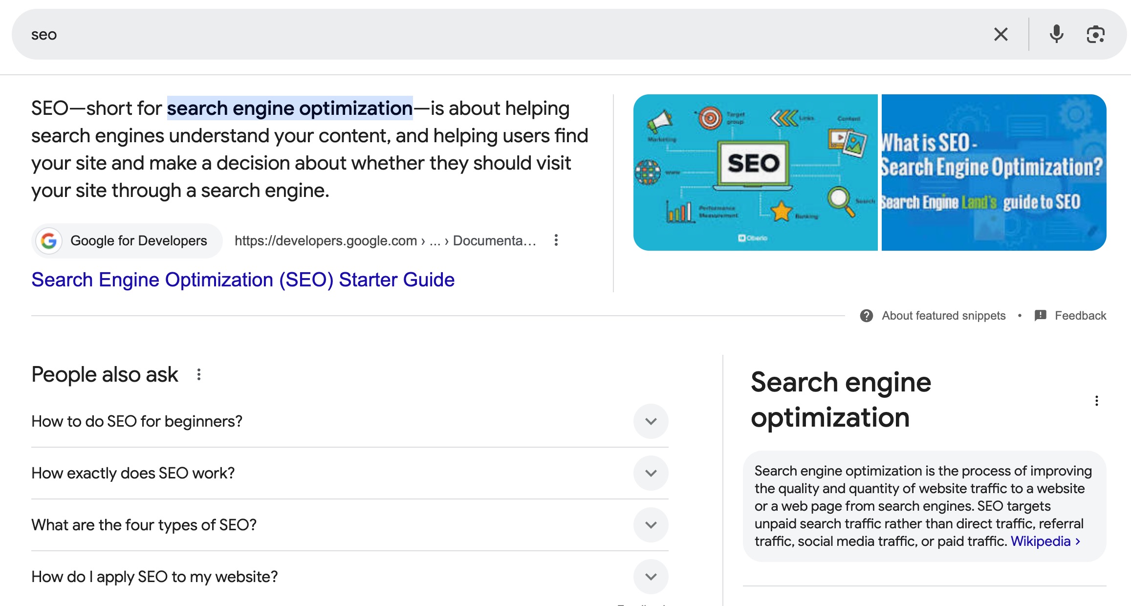 Screenshot displaying Google search results for the query "SEO".