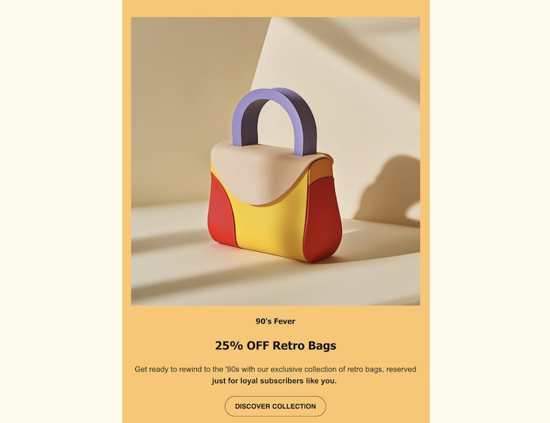 An example of a promotional email featuring a bag as the hero image, with concise copy below to demonstrate the importance of email length