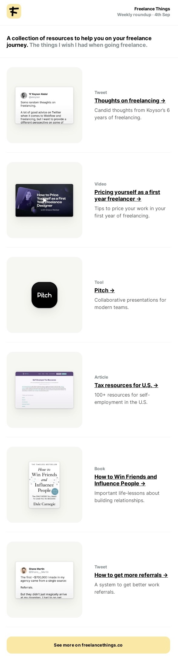 Screenshot of the Freelance Things curated email newsletter, showcasing its unique content and design.