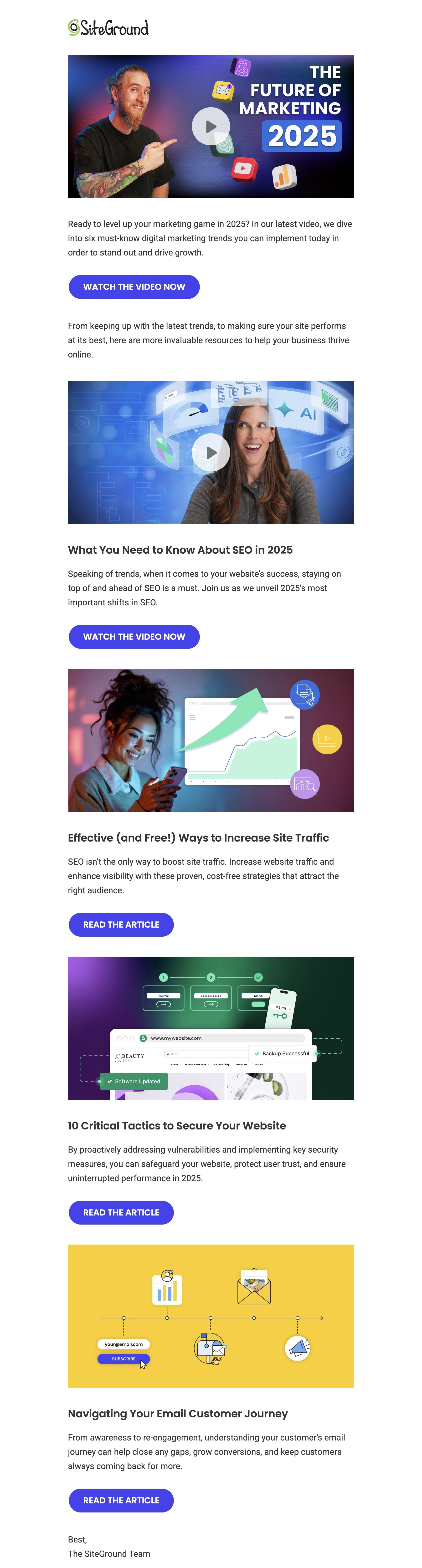 Screenshot of the SiteGround blog email newsletter, showcasing its unique content and design.