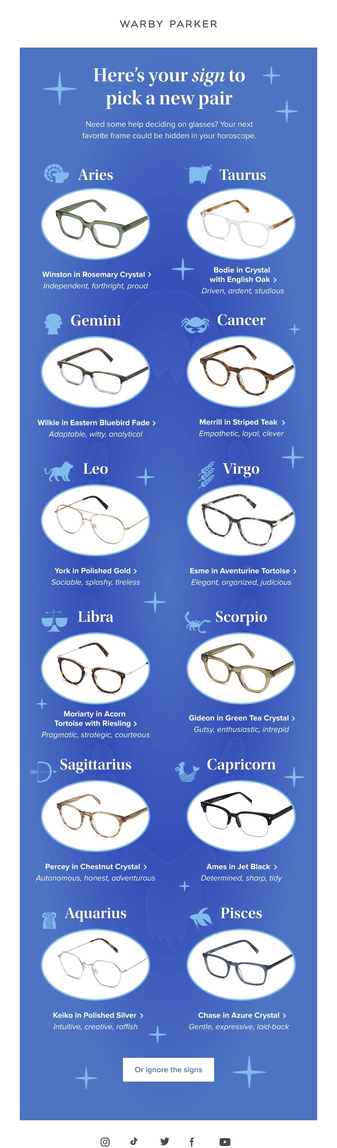 Screenshot of the Warby Parker themed email newsletter, showcasing its unique content and design.