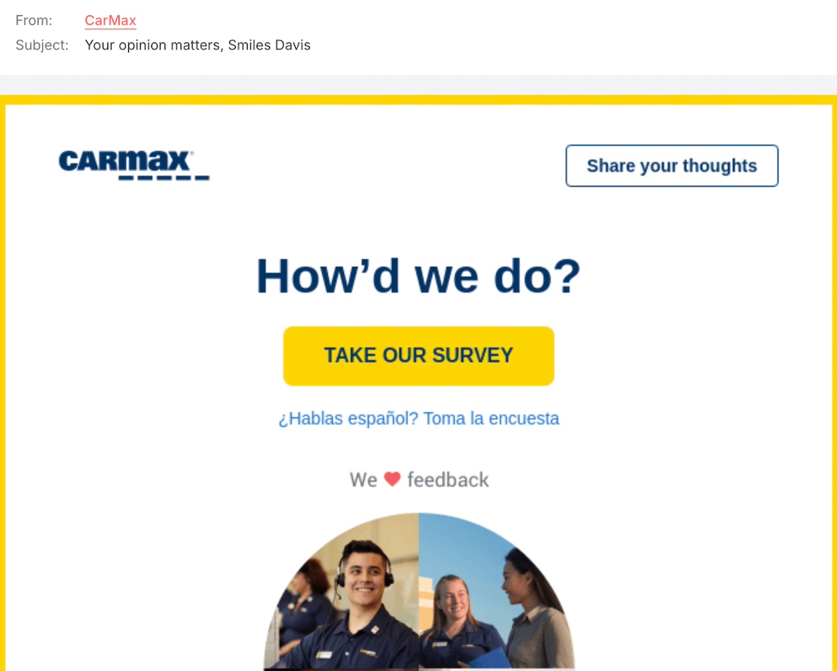 Survey email example with strong call to action