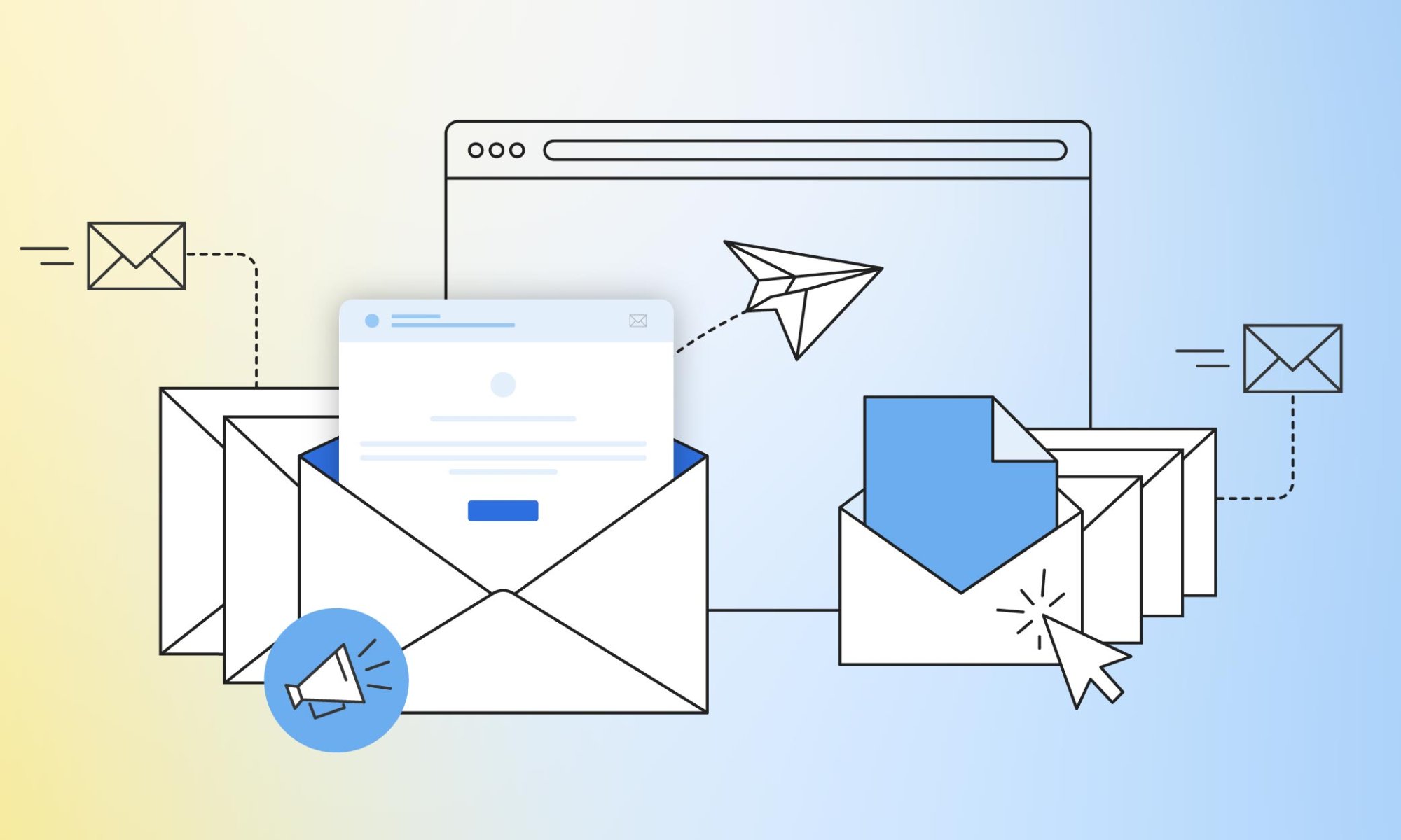 Illustration of envelopes and paper planes symbolizing email communication, with a web browser window in the background.