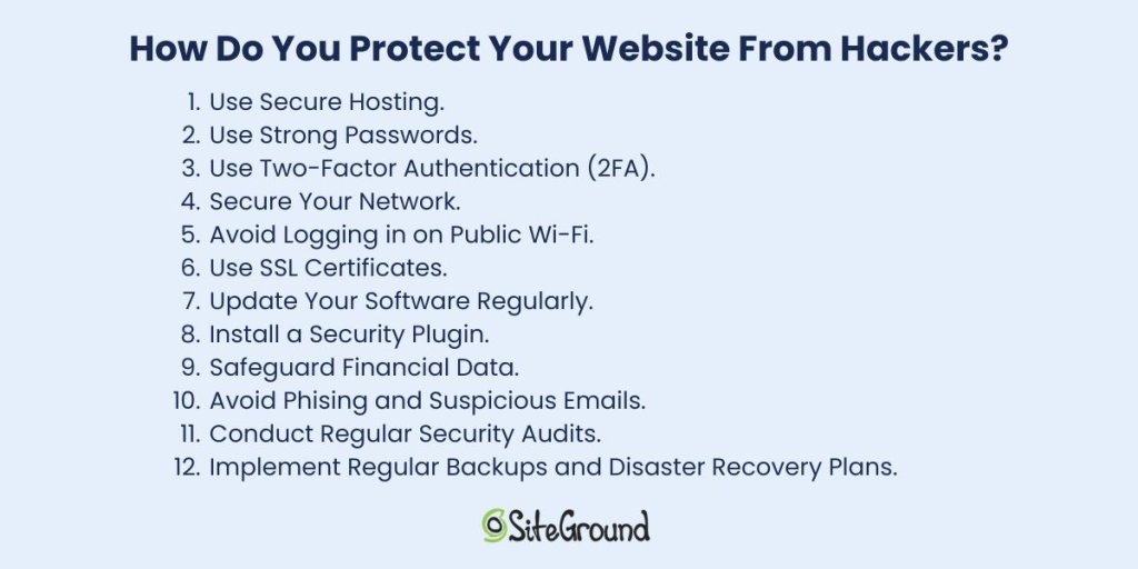 List of 12 tips to protect websites from hackers, including secure hosting and strong passwords. SiteGround logo at the bottom.