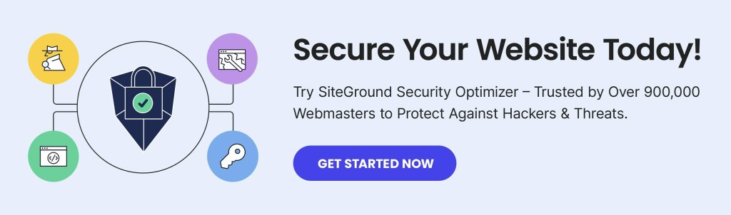 Advertisement for SiteGround Security Optimizer, featuring security icons and a "Secure Your Website Today!" message.