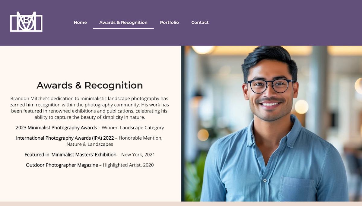 example of a personal website showing experience