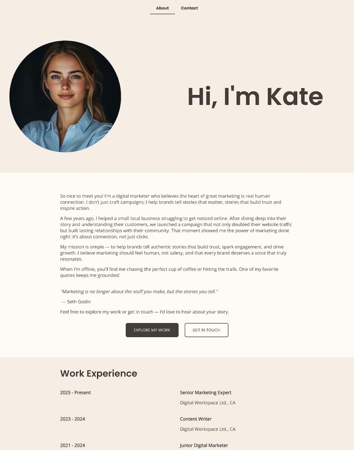personal website example with a memorable about page