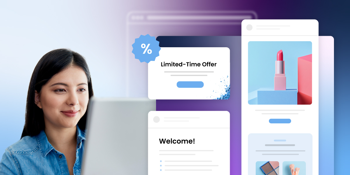 A woman smiling at her laptop, practicing email marketing etiquette while designing campaign templates, including a limited-time offer email and a welcome email with product imagery.