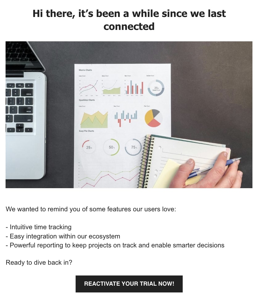 "We miss you" email with charts and a laptop, inviting the recipient to reactivate their trial and reconnect.