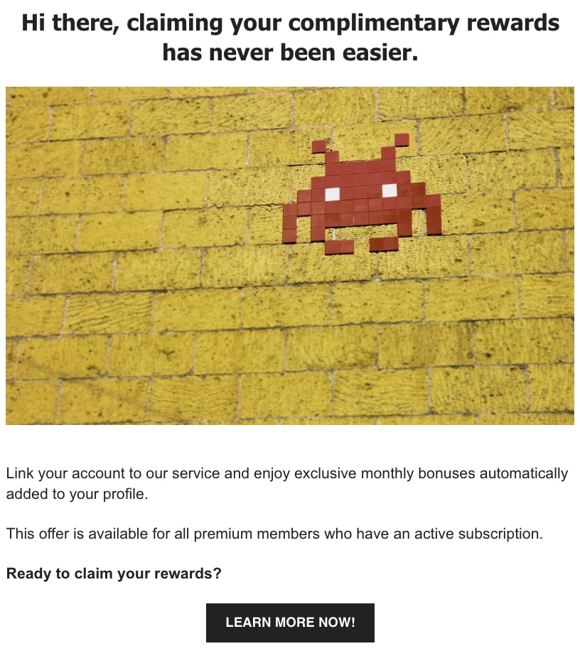 "We miss you" email with pixel art on a wall, offering easy access to complimentary rewards for premium members.