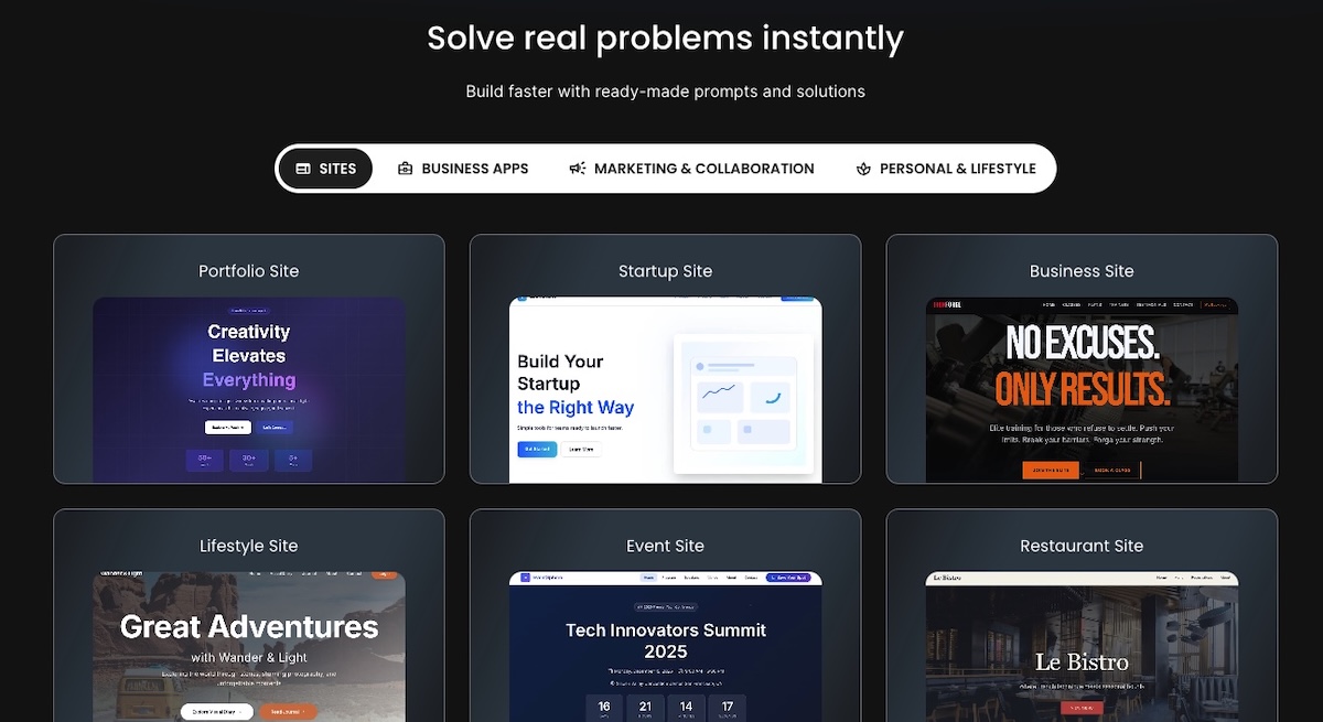 Example of different types of websites that an AI website builder might create