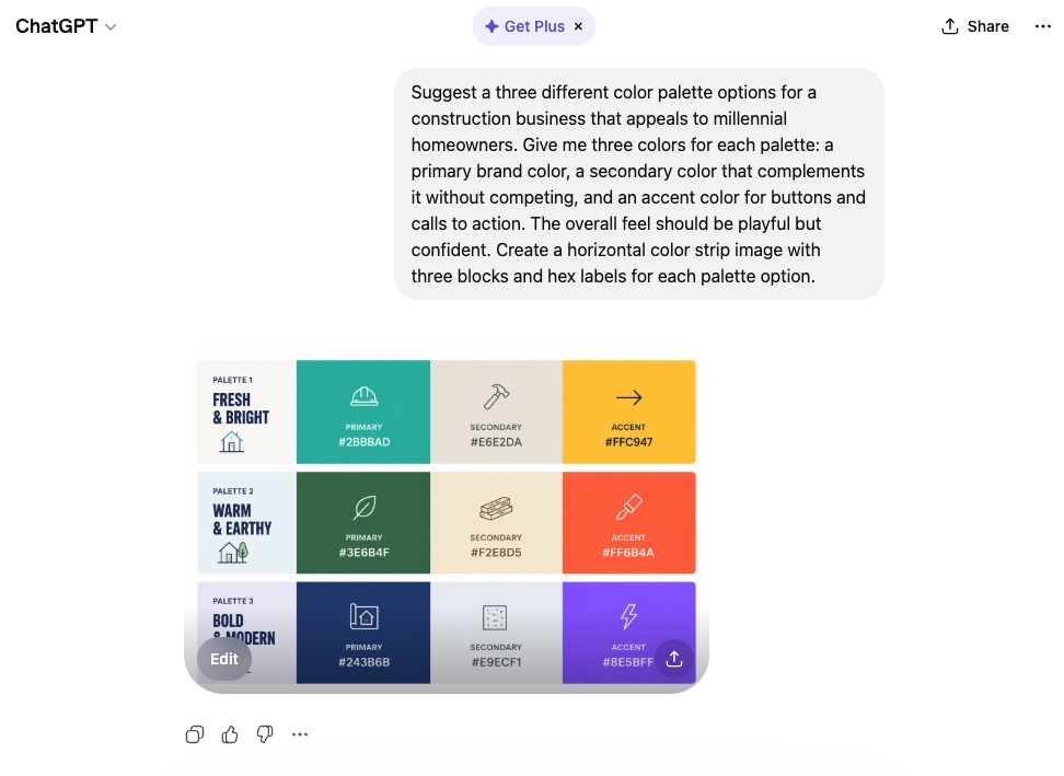 Color palette recommendations from chatgpt when creating a website