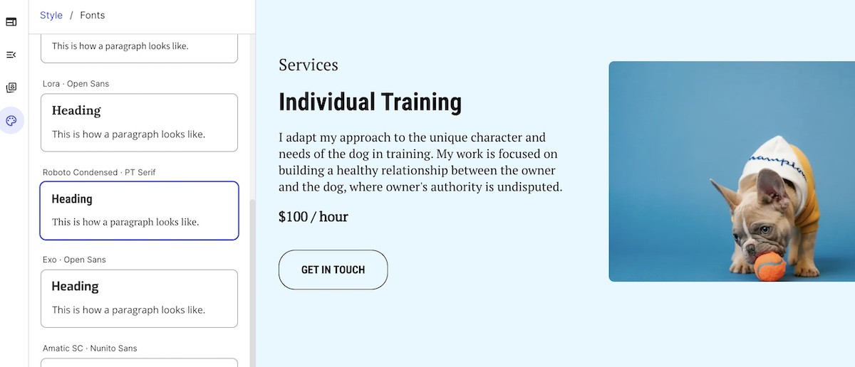 Choosing font pairings in the SiteGround Website Builder