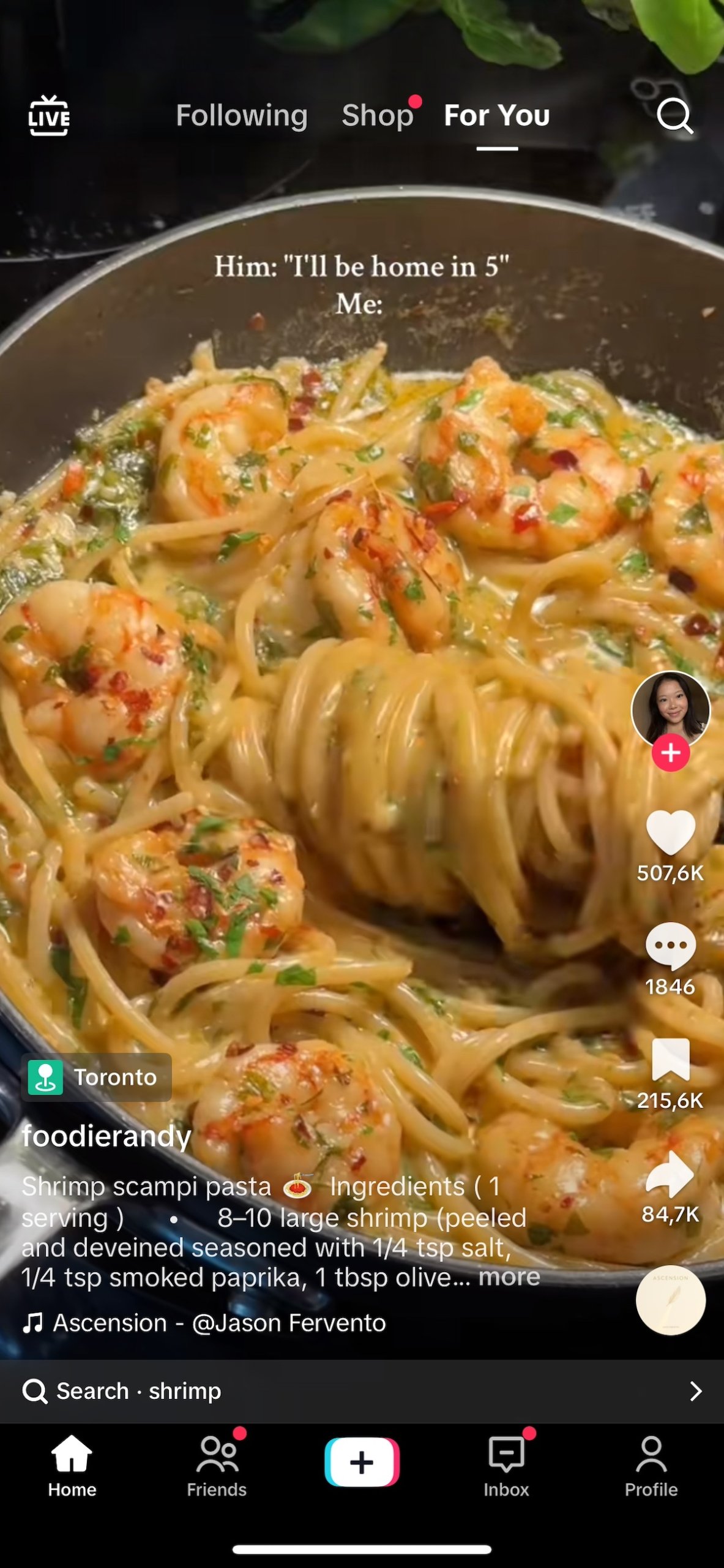 Screen grab of TikTok For You page with pasta being made