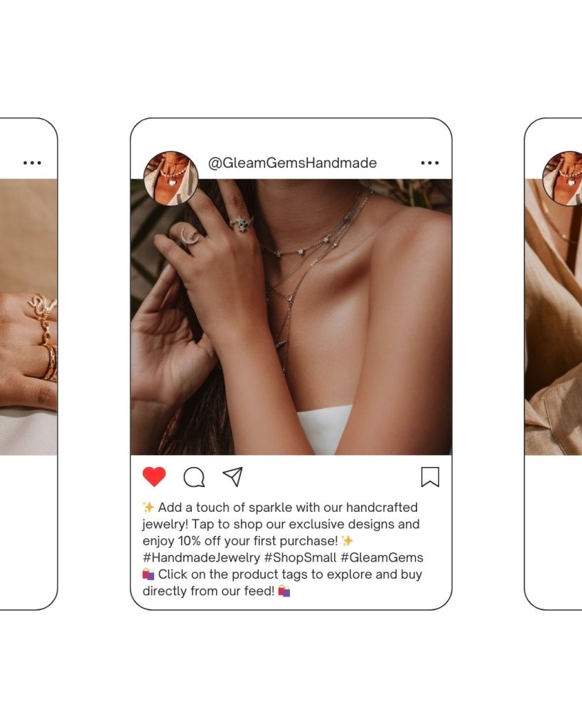 A promotional Instagram post by @GleamGemsHandmade featuring a person wearing handmade jewelry, including a ring and necklace. The text offers 10% off the first purchase with hashtags #HandmadeJewelry and #ShopSmall, encouraging users to click product tags to explore and buy directly from the feed.