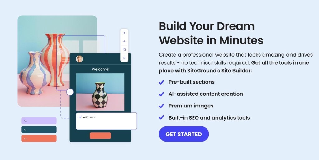 SiteGround Site Builder offers pre-built sections, AI-assisted content creation, premium images, and built-in SEO tools for easy website creation.