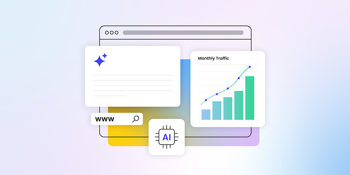 A digital illustration featuring a browser window with a blank document, a search icon, and an AI chip icon. On the right, a chart titled "Monthly Traffic" shows an upward trend with green bars and blue data points, indicating growth over time.