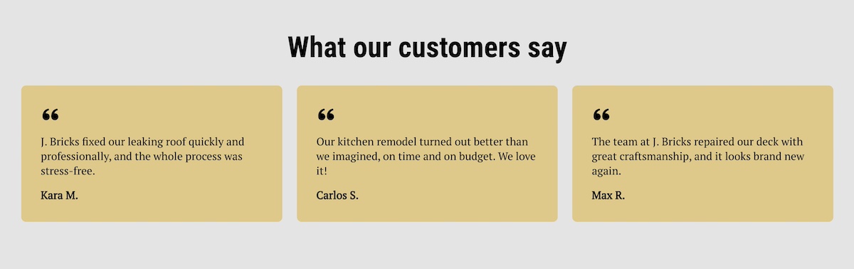 example of testimonials used on a homepage