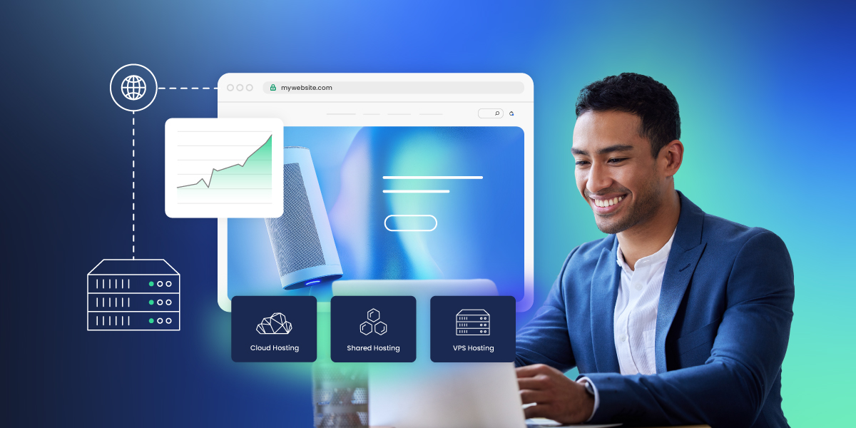 An advertisement featuring a person working on a laptop with a website interface, showcasing options for cloud hosting, shared hosting, and VPS hosting, with a graph indicating growth.
