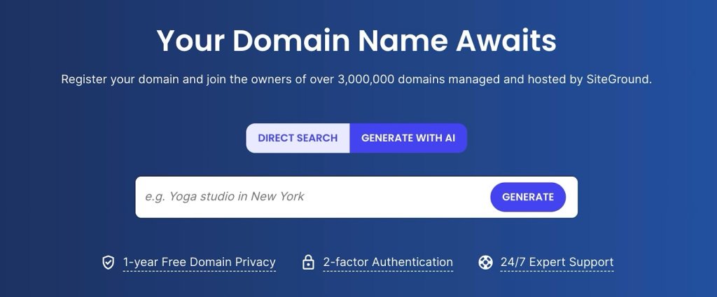 A webpage section for domain name registration with a text field for input (e.g., Yoga studio in New York), buttons for direct search and AI-generated options, and details about free domain privacy and 24/7 support.