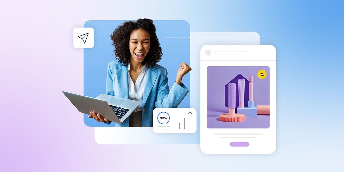 A joyful young woman with curly hair and a blue blazer smiles widely while holding a laptop and raising her fist in celebration of email deliverability. Surrounding her are modern UI elements: a white paper plane icon, a mobile ad mockup featuring purple cosmetic products with a yellow discount badge, and a circular progress indicator showing "93%" with upward-trending bars, all set against a vibrant purple-to-blue gradient background.