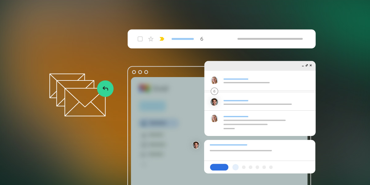 Illustration of an email client interface displaying a conversation view with stacked envelopes indicating new replies, an open email thread showing multiple user messages in a chat-like format, and a top navigation bar with a progress indicator.