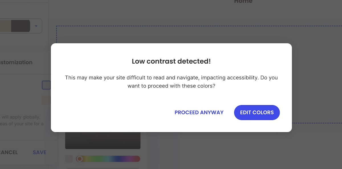 Low contrast color detection warning during website building