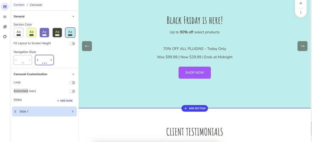A webpage preview showing a Black Friday promotion with text "BLACK FRIDAY IS HERE!" and "Up to 90% off select products" and "70% OFF ALL PLUGINS - Today Only" with a price drop from $99.99 to $29.99, ending at midnight, featuring a "SHOP NOW" button, alongside a content carousel customization panel.