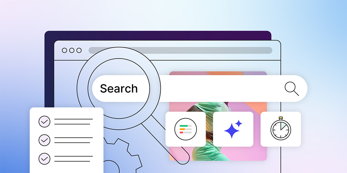 Illustration featuring a search bar with a magnifying glass, a checklist, and icons representing AI tools like brainstorming, time management, and data analysis, set against a colorful background.