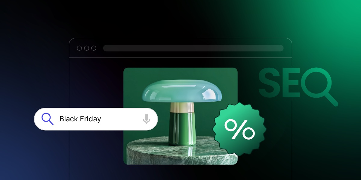 A promotional image featuring a stylish green lamp on a marble base, with a search bar displaying "Black Friday" and a percentage discount badge, set against a gradient background with "SEO" text.