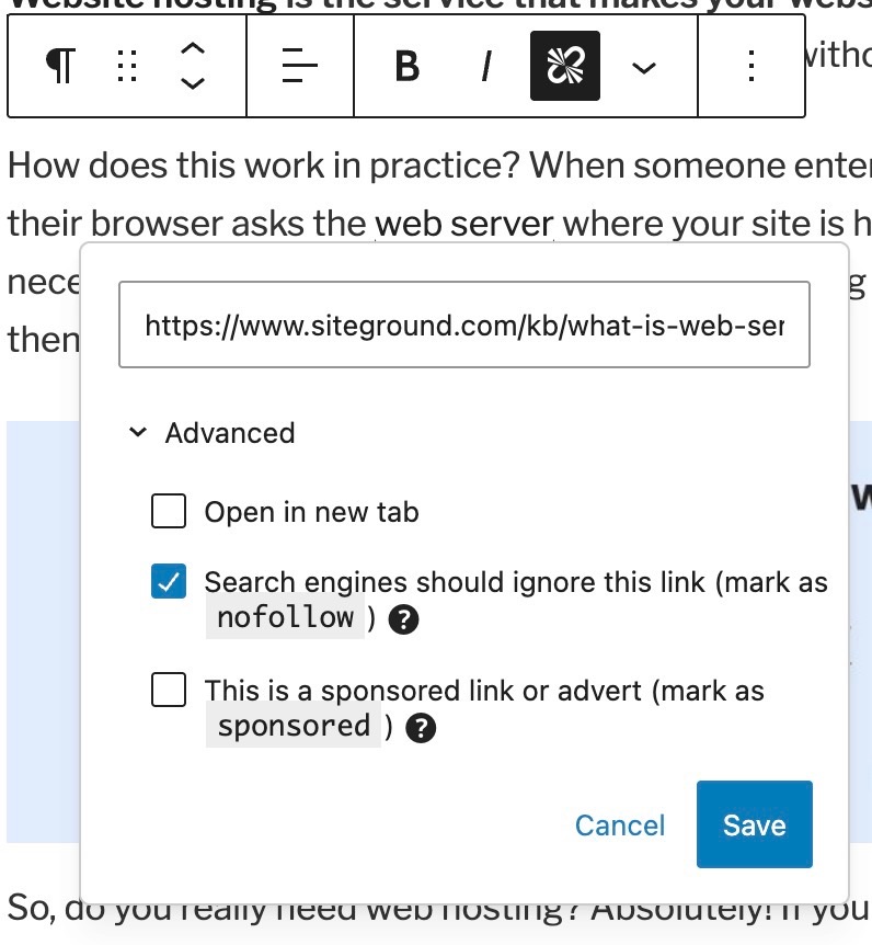 Popup window with advanced link settings including options to open in a new tab, mark as nofollow for search engines, or mark as a sponsored link, with Cancel and Save buttons.
