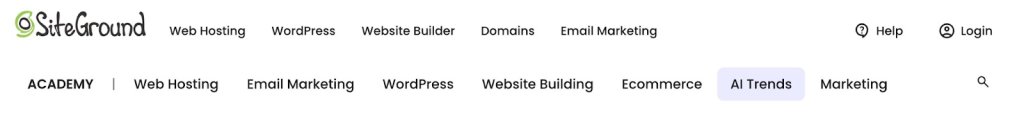 SiteGround website navigation bar with options like Web Hosting, WordPress, Website Builder, Domains, Email Marketing, and additional sections like Academy, Web Hosting, Email Marketing, WordPress, Website Building, Ecommerce, AI Trends, and Marketing.