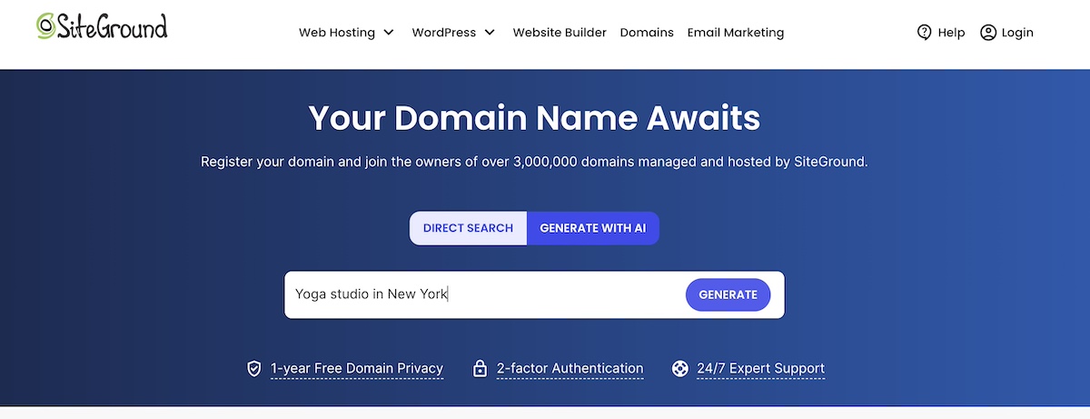 Example of AI domain generator by SiteGround showing search field