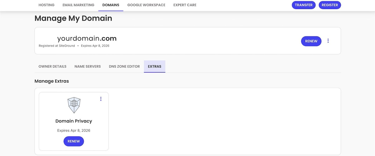 Example of domain privacy option for a domain