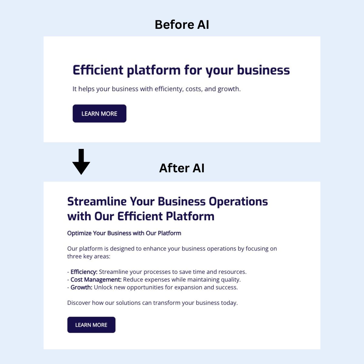 Example of using AI to rewrite homepage content so that it's more clear and compelling