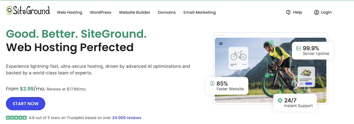 SiteGround homepage with top level navigation featuring content pillar offerings