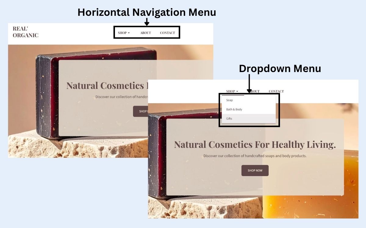 Visual examples of a horizontal navigation menu and a dropdown menu