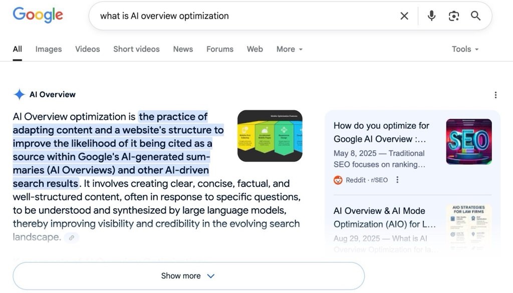 Google search results page showing AI Overview explaining that AI Overview optimization is the practice of adapting content and website structure to improve likelihood of being cited in Google's AI-generated summaries and AI-driven search results