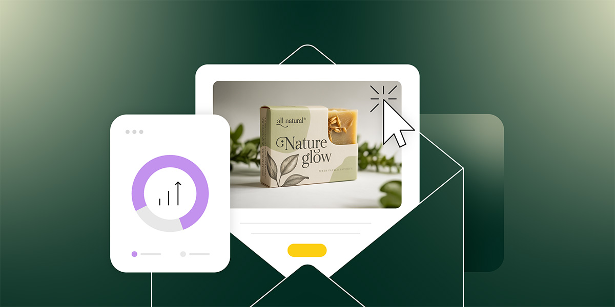 Illustration showing an email marketing interface with a Nature Glow skincare product image, analytics chart with upward trend arrow, and cursor icon, set against a dark green envelope background