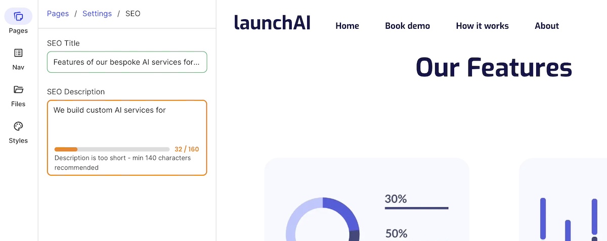 Example of a website builder AI providing optimized titles and SEO descriptions