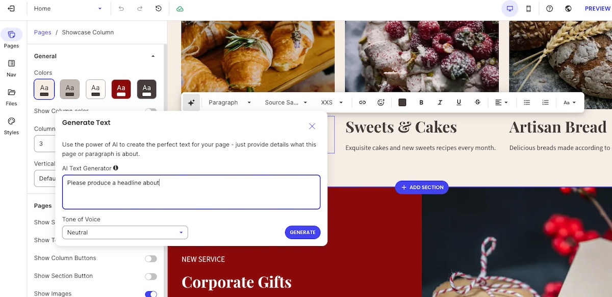 Example of an AI content writer within a website builder