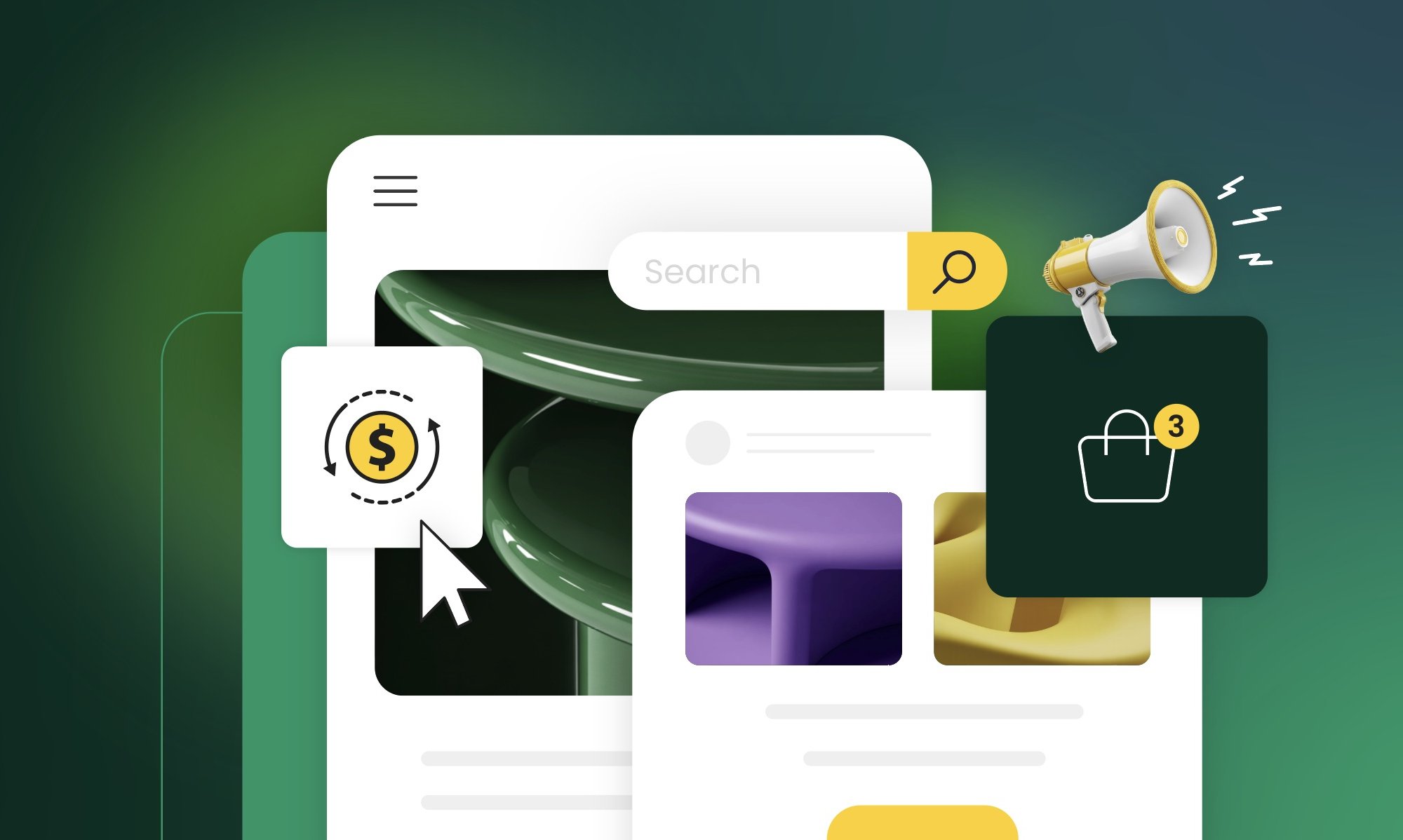 Stylized website interface with search bar, dollar sign conversion icon, megaphone representing advertising, and shopping cart with notification badge on gradient green background