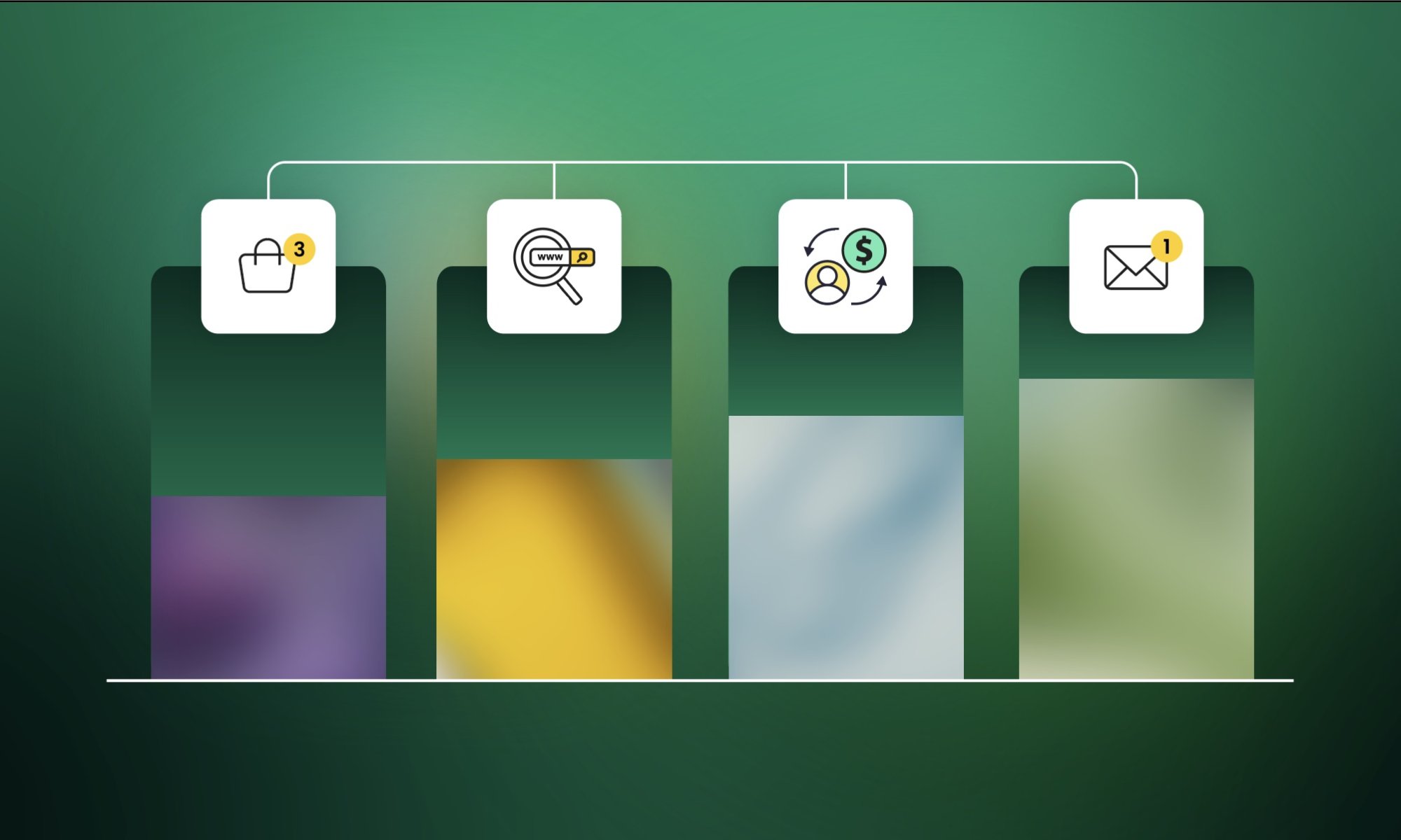 Illustration of a growth marketing funnel showing four customer journey stages represented by icons and descending colored bars: traffic acquisition (magnifying glass with website), product consideration (shopping cart with 3 items), conversion (person icon with dollar sign), and email engagement (envelope with notification), demonstrating how prospects move through the marketing funnel with decreasing volume at each stage