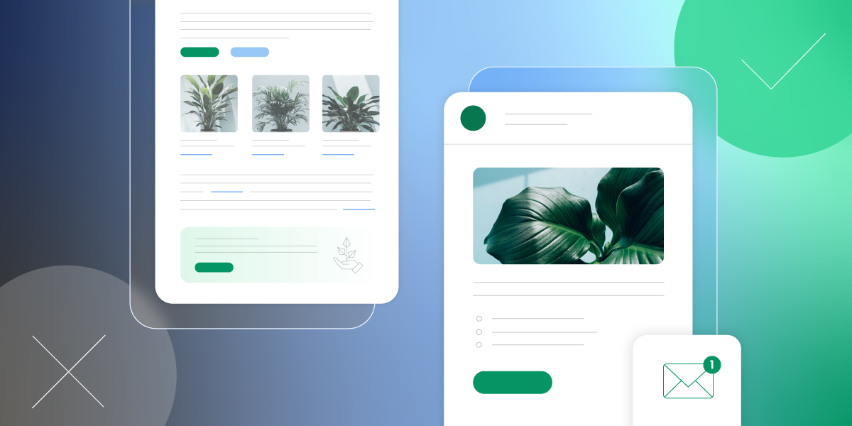 Digital illustration of an email marketing editor interface featuring product images of tropical plants, with design elements including buttons, text fields, and an email notification icon on a blue-green gradient background