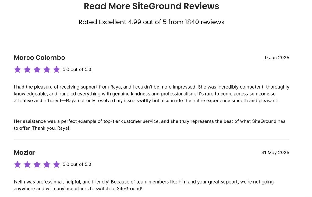 Customer review section showing SiteGround rated 4.99 out of 5 from 1840 reviews, with testimonials from Marco Colombo praising support representative Raya and Maziar commending team member Ivelin