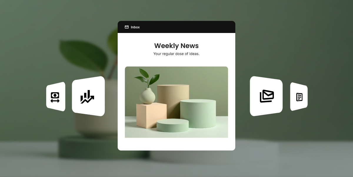 Professional email newsletter design that drives email marketing return on investment (ROI). Mobile inbox view shows "Weekly News" newsletter with heading "Your regular dose of ideas" and featured image of pastel geometric shapes - mint green and beige cylinders with small plant. Surrounding icons represent analytics and tracking capabilities for measuring ROI.