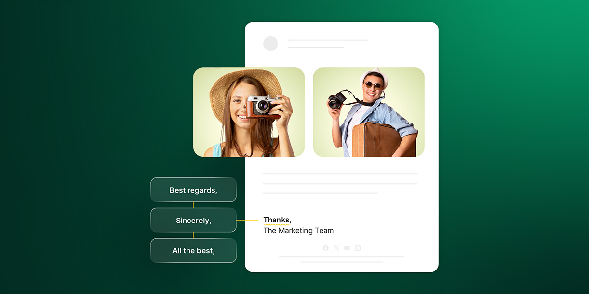 Split screen showing email closing signatures - left side displays three professional sign-off options (Best regards, Sincerely, All the best) and right side shows a complete email signature with team photos reading "Thanks, The Marketing Team"
