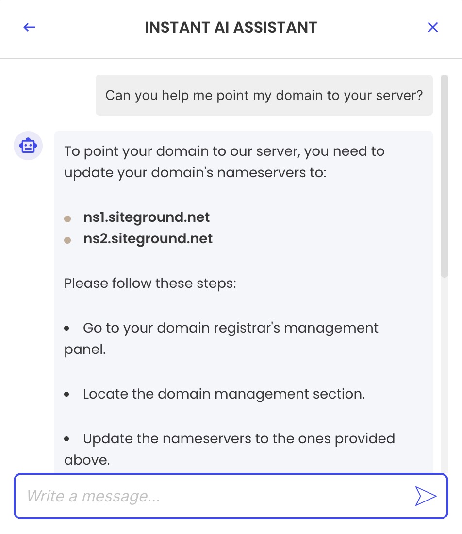 Example of an AI assistant via SiteGround chat in order to address customer queries