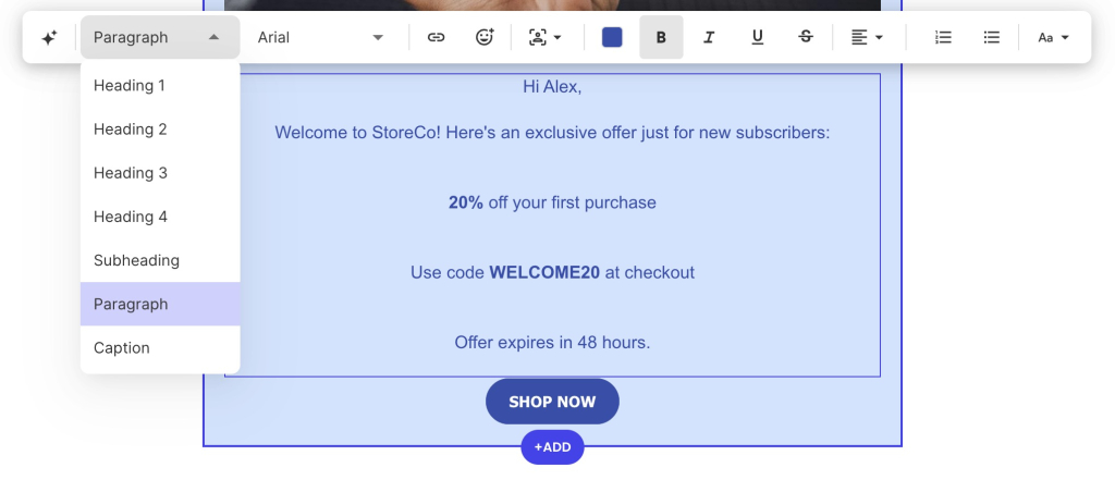 Email composition interface displaying a dropdown menu with heading levels (Heading 1-4, Subheading, Paragraph, Caption) alongside a promotional email template for StoreCo offering 20% off with code WELCOME20